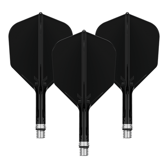 Target K-Shift No6 Flights - Black Das Bild zeigt ein Set schwarzer KShift No6 Flights mit 19mm Länge für Darts. Die Flights stammen von der Marke Target.