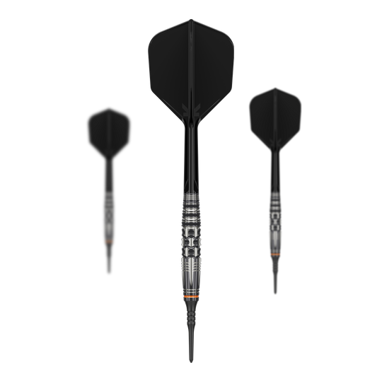 Target Japan Black Marque Dancing Duck GEN 4 Soft Darts - 17g Das Bild zeigt drei Softdarts des Modells "Target Japan Black Marque Dancing Duck GEN 4" mit einem Gewicht von 17g. Die Darts haben ein modernes, schwarzes Design mit silbernen Akzenten am Barrel.