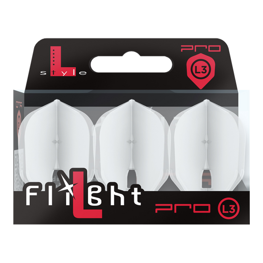 Die Abbildung zeigt eine Packung mit drei weißen Dartflights der Marke L-Style. Die Verpackung ist schwarz und transparent und trägt die Aufschrift "Flight Pro L3".