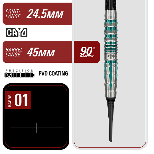 Das Bild zeigt die Target Black Marque Pierce Softdarts mit 18,5g Gewicht. Schwarze Darts für präzises und komfortables Spielen.
