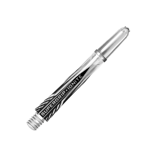 Dies ist ein klarer Harrows Supergrip Ignite Shaft. Der Schaft hat ein modernes Design mit schwarz-weißen Akzenten und der Aufschrift "SUPERGRIP IGNITE".