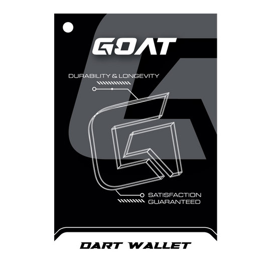 GOAT Locker S Dartwallet Das Bild zeigt die Verpackung des Produkts "GOAT Locker S Dartwallet". Es hebt die Eigenschaften Langlebigkeit und Zufriedenheit hervor.