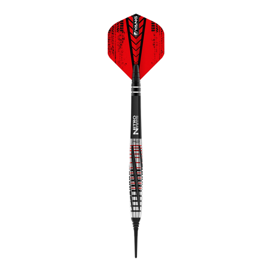 Red Dragon Rifle Soft Darts - 20g Das Bild zeigt einen Red Dragon Rifle Softdart mit einem Gewicht von 20 Gramm. Der Dartpfeil hat rote Flights und ein schwarz-silbernes Barrel mit roten Akzenten.