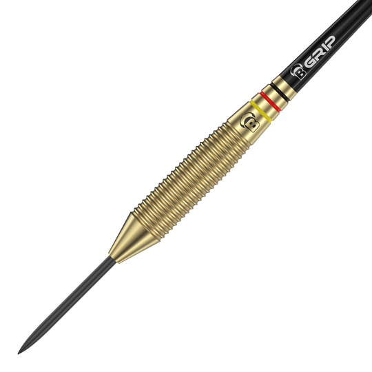 Bulls Martin Schindler The Wall Brass Steeldarts Auf dem Bild ist ein Bulls Martin Schindler The Wall Brass Steeldart zu sehen. Der Dart besitzt einen messingfarbenen, geriffelten Griffbereich und eine schwarze Spitze.