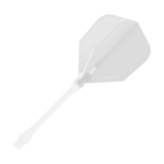 HRC-110_Harrows_Clic_Standard_Flight_White_2 Auf dem Bild ist ein weißer Harrows Clic Standard Flight für Darts zu sehen. Er besteht aus einem stabilen Shaft und einem klassischen, flügelartigen Flight-Design.