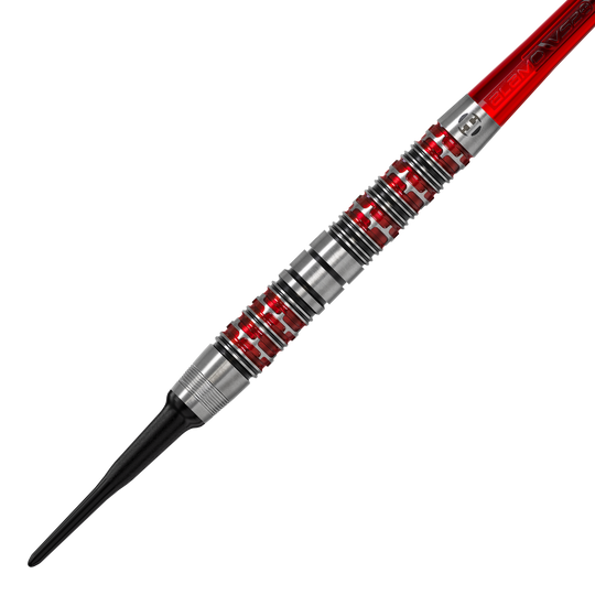 Harrow's Damon Heta Series 3 soft darts Dies ist ein Harrows Damon Heta Series 3 Softdart. Der Dartpfeil hat ein silbernes Griffstück mit roten Akzenten und einer schwarzen Spitze.