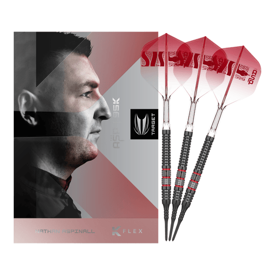 Dieses Bild zeigt die Target Nathan Aspinall 95K Softdarts - 18g in der Komplettansicht. Die Dartpfeile bestechen durch ihr hochwertiges Design.