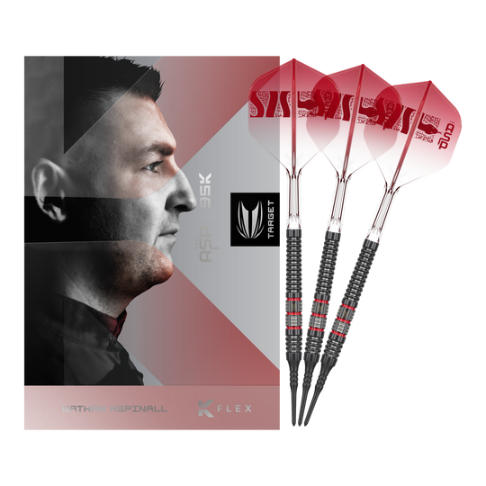 Target Nathan Aspinall 95K Soft Darts - 18g Dieses Bild zeigt die Target Nathan Aspinall 95K Softdarts - 18g in der Komplettansicht. Die Dartpfeile bestechen durch ihr hochwertiges Design.