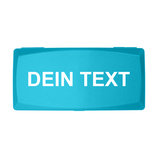 Die Abbildung zeigt eine himmelblaue Box mit der Aufschrift "DEIN TEXT" in weißer Schrift. Die Box hat eine rechteckige Form und einen schlichten, modernen Look.