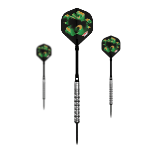 Abgebildet ist das komplette Set der Bulls NL Chaos Green Steeldarts - 24g. Das Set enthält mehrere grüne Steeldarts.