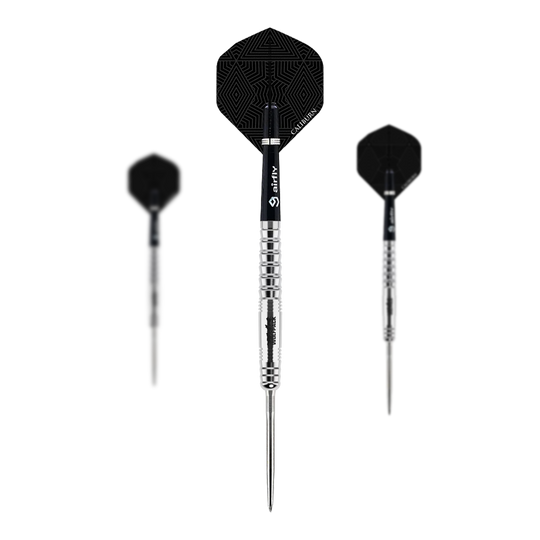 Abgebildet sind die Caliburn Wolfpack W6 Steeldarts mit einem Gewicht von 22g. Die Darts sind für Präzision und hohe Qualität bekannt.