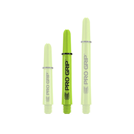 Target Pro Grip Shafts - 3 Sets - Lime Green Auf dem Bild sind drei limegrüne Pro Grip Dartschäfte in unterschiedlichen Längen zu sehen. Sie stehen nebeneinander und tragen alle den Schriftzug "PRO GRIP".