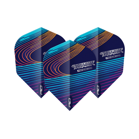 Red Dragon Peter Wright Snakebite Multi No6 Flights Das Bild zeigt drei Dart-Flights mit dem Namen "Red Dragon Peter Wright Snakebite Multi No6 Flights". Die Flights sind dunkelblau mit bunten, geschwungenen Linien und dem Schriftzug "Snakebite".