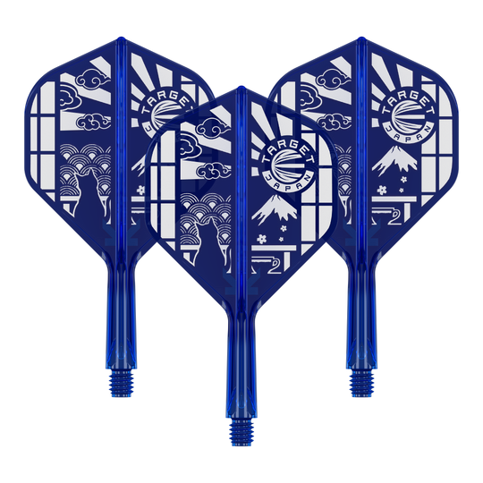 Target Japan K-Flex Blue Limited No2 Standard Flights Das Bild zeigt '410291 Target Japan K-Flex Blue Limited No2 Flights 19mm 1Set'. Es handelt sich um ein Set limitierter Flights für Darts in Blau.
