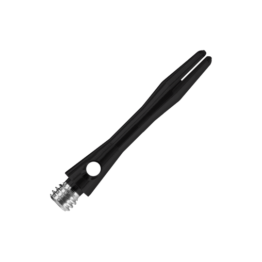 HR366_Harrows_Keramic_Shafts_Schwarz_35mm_2 Das Bild zeigt einen Harrows Keramic Shaft in mattem Schwarz. Der Schaft hat ein elegantes, glattes Design mit einem silbernen Gewinde am Ende.