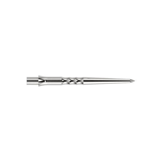Das Bild zeigt eine silberne Caliburn Evo System Steeldartspitze Ripple NoLip, 28 mm lang. Die Spitze ist einzeln abgebildet.