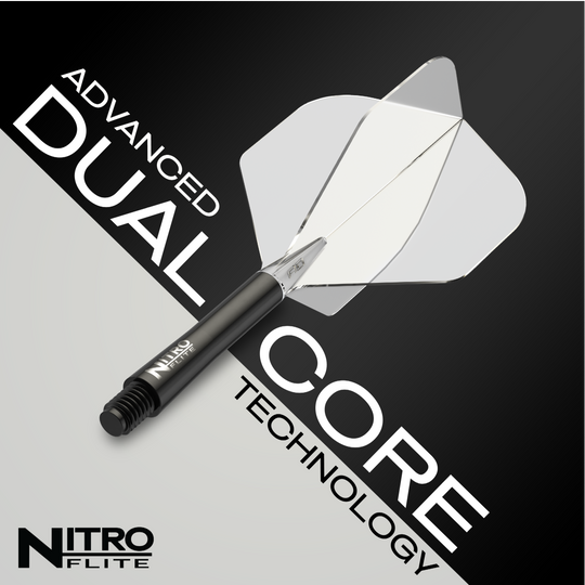 Das Bild zeigt das Produkt "Red Dragon Nitroflite - Black Shaft Clear No2 Flights". Es hebt die fortschrittliche Dual-Core-Technologie hervor.