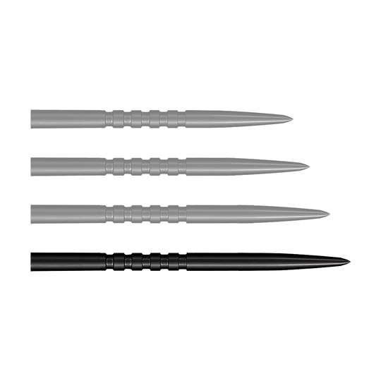 Ein Bild zeigt ein Produkt mit dem Namen SM3823_Shot_Grip_Point_Steeldartspitzen_Schwarz_45mm_1. Das Produkt ist wahrscheinlich eine Dartspitze in schwarzer Farbe.