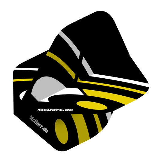 McDart ID Standard Flights - Yellow Das Bild zeigt einen McDart ID Standard Flight in Gelb mit schwarzen, gelben und grauen Designelementen. Auf dem Flight steht der Schriftzug "McDart.de".