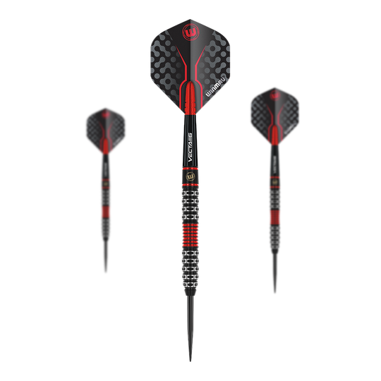 Winmau Joe Cullen Special Edition Steeldarts Das Bild zeigt drei Steeldarts mit schwarzem und rotem Design. Sie haben auffällige Muster auf den Flights und einen speziellen, griffigen Schaft.