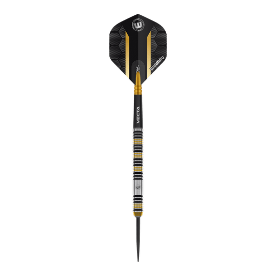Abgebildet sind die Winmau Team 360 Nicholai Bado Steeldarts mit einem Gewicht von 23g. Die Steeldarts sind ideal für professionelle Dartspieler.