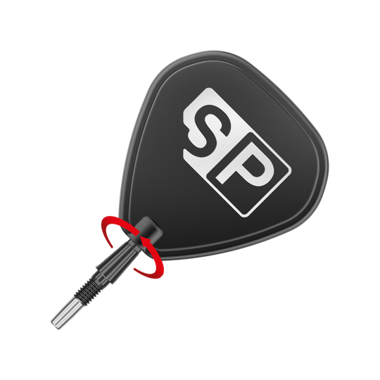 Das Bild zeigt eine schwarze Steeldartspitze mit dem weißen Aufdruck "SP". Eine rote Pfeilmarkierung deutet darauf hin, dass die Spitze gedreht oder geschraubt werden kann.