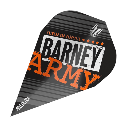 TG65_334350_TargeT_ProUltra_Barney_Army_Black_Vapor_Flights_1 Das Bild zeigt ein Dart-Flight mit der Aufschrift "BARNEY ARMY" in schwarzen, weißen und orangenen Farben. Oben steht "Raymond van Barneveld" und unten links ist "Pro.Ultra" zu sehen.