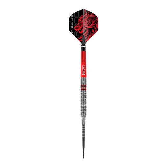 Red Dragon Jonny Clayton Original 2 steel darts Auf dem Bild ist ein Steeldart der Marke "Red Dragon Jonny Clayton Original 2" zu sehen. Der Dart hat ein auffälliges Design mit roten und silbernen Elementen sowie einem roten Drachenmotiv auf dem Flight.