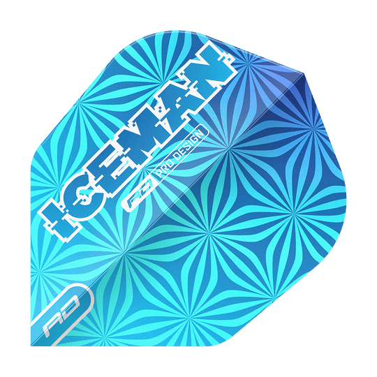 Das Bild zeigt einen blauen Dart-Flight mit einem auffälligen geometrischen Muster. Auf dem Flight steht in weißen Buchstaben das Wort „ICEMAN“ sowie „RD PRO DESIGN“.