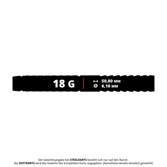 Das Bild zeigt die Produktinformationen der Red Dragon Gerwyn Price Glacier Softdarts mit einem Gewicht von 18 Gramm. Die Länge beträgt 50,80 mm und der Durchmesser 6,10 mm.