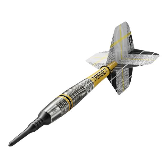 Target Scott Williams GEN2 soft darts - 18g Das Bild zeigt einen Target Scott Williams GEN2 Softdart mit einem Gewicht von 18 Gramm. Der Dart hat ein silbernes Barrel mit gelben Akzenten und einen schwarz-gelben Flight.