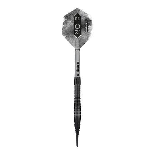 Unicorn World Champion Gary Anderson Noir Phase 6 Soft Darts Das Bild zeigt einen Softdart aus der Produktreihe "Unicorn World Champion Gary Anderson Noir Phase 6". Der Dart hat ein schwarzes, elegantes Design mit der Aufschrift "Noir" und "Unicorn" auf dem Flight.