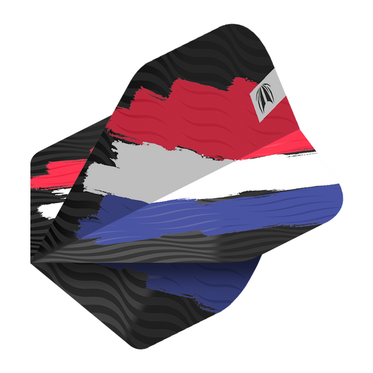 Das Bild zeigt das Produkt „Target ProUltra Flag Holland No2 Standard Flights“. Die Dart-Flights sind in den Farben der niederländischen Flagge gestaltet: Rot, Weiß und Blau.