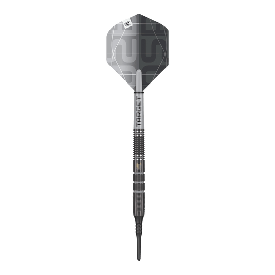 Target Nathan Aspinall X Echo Softdarts - 18g Das Bild zeigt einen Target Nathan Aspinall X Echo Softdart mit einem Gewicht von 18g. Der Dartpfeil ist überwiegend in Silber und Schwarz gehalten und hat eine moderne, geometrische Flugfeder.
