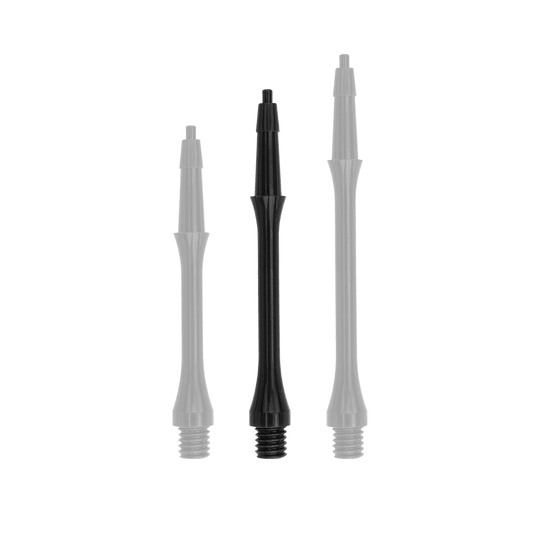 Das Bild zeigt drei schwarze Harrows Clic Slim Shafts in verschiedenen Längen. Sie werden als Ersatzteile für Dartpfeile verwendet.