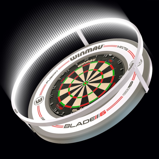 BUNDLE Winmau Plasma Ice LED Lighting and Surround Das Bild zeigt das Winmau Plasma Ice LED Beleuchtung und Surround Bundle mit einer beleuchteten Dartscheibe. Die helle LED-Leiste sorgt für eine optimale Ausleuchtung beim Dartspielen.
