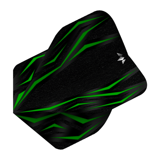 Das Bild zeigt das Produkt „Mission Lava Green No2 Standard Flights“. Es ist ein schwarzes Dart-Flight mit grünen, lavamusterartigen Linien.