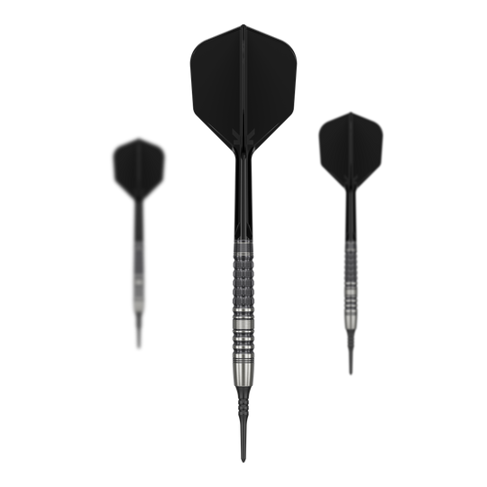 Target Japan Black Marque Lumiere GEN3 Soft Darts - 18.5g Das Bild zeigt drei schwarze Softdarts des Modells "Target Japan Black Marque Lumiere GEN3" mit einem Gewicht von 18,5g. Die Dartpfeile haben silber-schwarze Griffrillen und schwarze Flights.