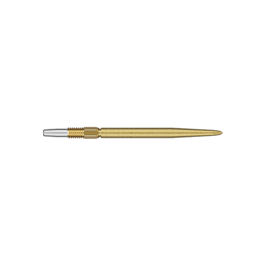 Das Bild zeigt eine goldene Dartspitze mit einem silbernen Anschlussstück. Die Spitze ist schlank und etwa 30 mm lang.