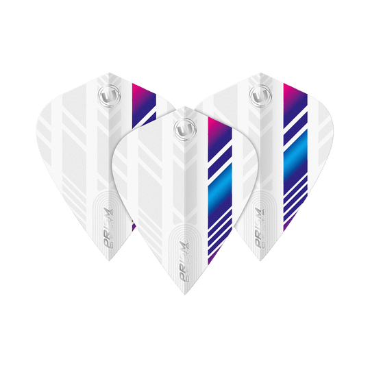 Das Bild zeigt drei Winmau Delta White Blue Purple Kite Flights. Die Flights sind überwiegend weiß mit blauen, lila und pinken Streifen.