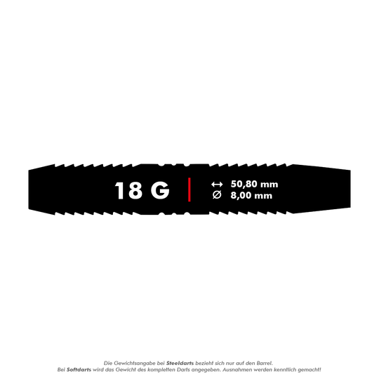 2235-18_Winmau_Outrage_Black_Coated_Brass_Softdarts_5-18g Das Bild zeigt den Winmau Outrage V1 Black Coated Brass Softdart mit einem Gewicht von 18 Gramm. Die Maße des Barrels sind 50,80 mm Länge und 8,00 mm Durchmesser.