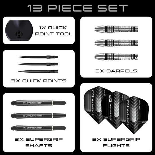 Hier sind die Harrows Supergrip Bomb Quick Point Steeldarts zu sehen. Die Darts eignen sich hervorragend für präzises Spiel.