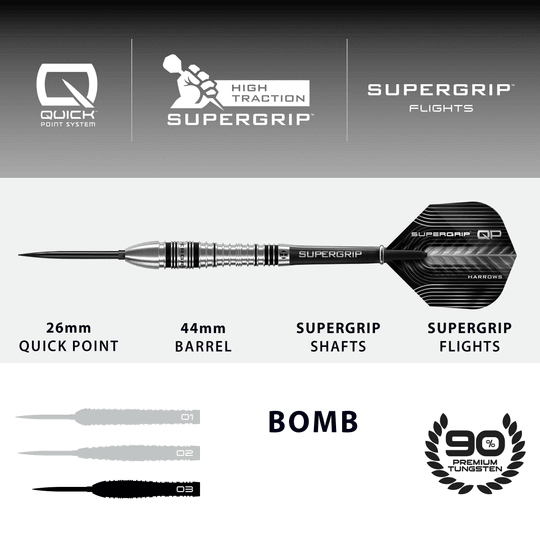 Dies ist ein Bild der Harrows Supergrip Bomb Quick Point Steeldarts. Die Steeldarts zeichnen sich durch ihren besonders guten Grip aus.
