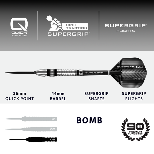 Harrows Supergrip Bomb Quick Point Steel Darts Dies ist ein Bild der Harrows Supergrip Bomb Quick Point Steeldarts. Die Steeldarts zeichnen sich durch ihren besonders guten Grip aus.