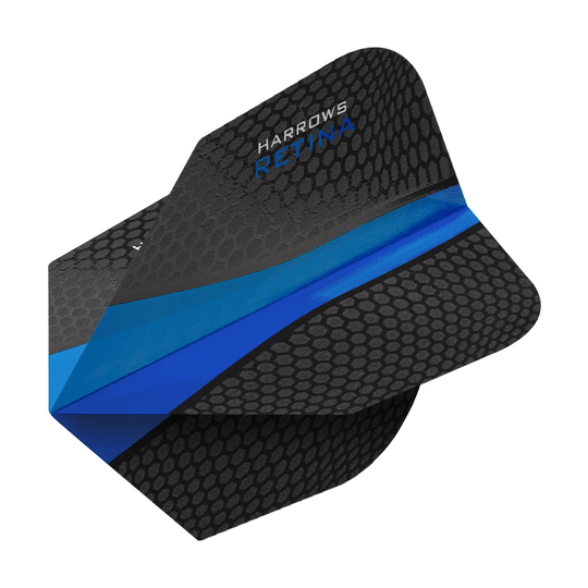 Das Bild zeigt ein Harrows Retina Blau No6 Dart-Flights. Das Flight ist schwarz mit einem blauen Streifen und einer wabenartigen Struktur versehen.