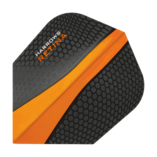 Dies ist ein Harrows Retina Orange No6 Flight für Dartpfeile. Das Design ist überwiegend schwarz mit einem auffälligen orangen Streifen und Wabenmuster.