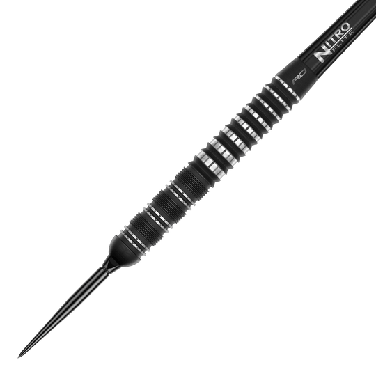 Abgebildet sind die Red Dragon Sable Parallel Switch Point Steeldarts. Die Darts werden seitlich gezeigt und sind aus Metall gefertigt.
