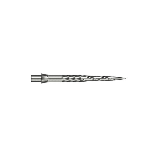 Caliburn System steel dart tips - Spiro - NoLip - silver Hier sind silberne Steeldartspitzen des Caliburn Evo Systems mit Spiro-Design und 28 mm Länge abgebildet. Zwei dieser Spitzen liegen nebeneinander.