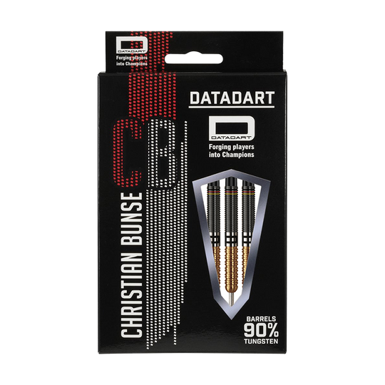 Die Abbildung zeigt die Verpackung der "Datadart Christian Bunse Gold Black Steeldarts". Auf der Vorderseite sind drei Steeldarts und Informationen wie "90% Tungsten" zu sehen.