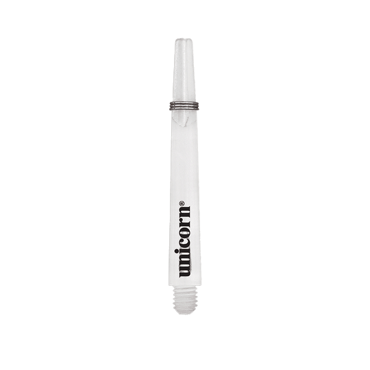 Unicorn Gripper 3 Mirage Shafts - Clear - 44.2 mm Das Bild zeigt einen klaren Unicorn Gripper 3 Mirage Shaft mit einer Länge von 44,2 mm. Auf dem Schaft ist das schwarze "unicorn" Logo zu sehen.